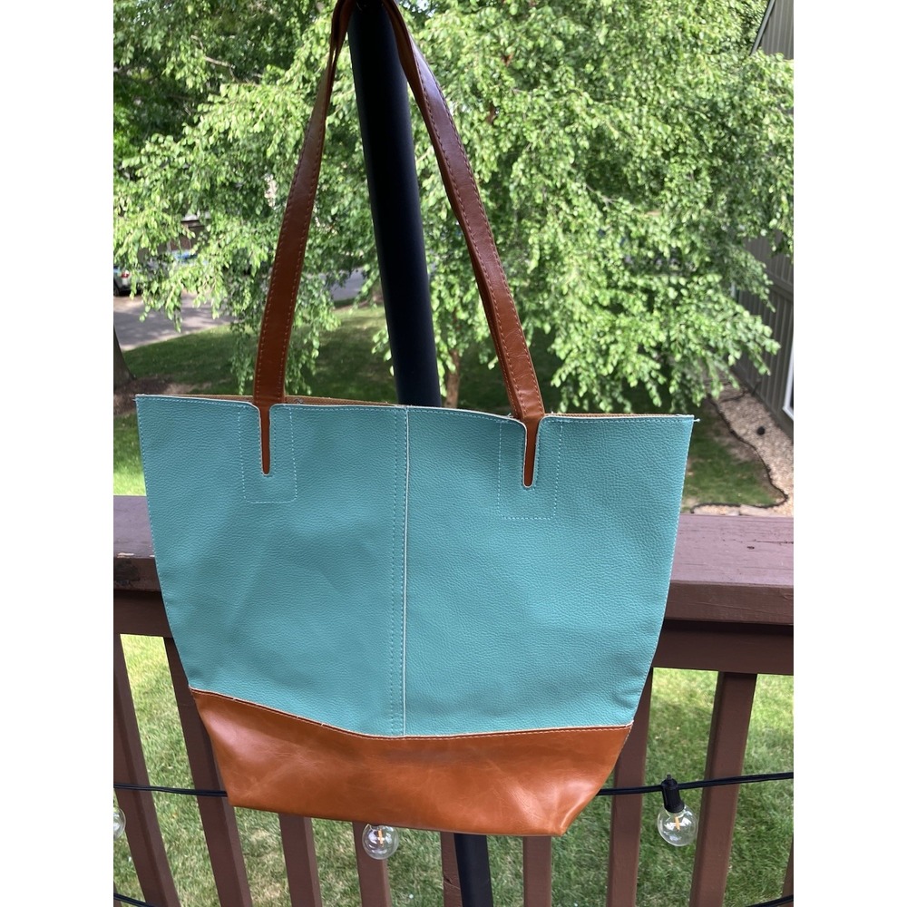 Nordstrom Aqua Blue & Tan Faux Leather Colorblock Tote Shoulder Bag Large
